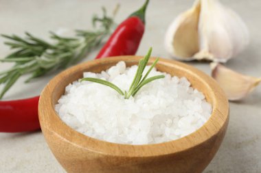 Sea salt in bowl, rosemary, chili pepper and garlic on grey table, closeup