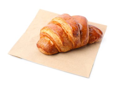 Beyaz üzerinde taze kruvasan bulunan kağıt torba.