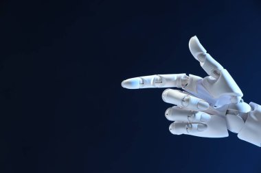 Yapay zeka. Robot el koyu mavi arkaplanda bir şeye işaret ediyor, metin için boşluk