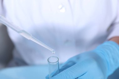 Laboratuvar testi. Bilim adamı pipetten deney tüpüne kan damlatıyor.