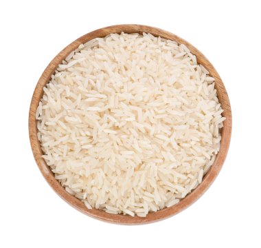 Beyaz kasede çiğ pirinç, üst manzara.