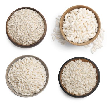 Beyazlar üzerinde izole edilmiş kaselerde gevrek pilav, set. Üst görünüm