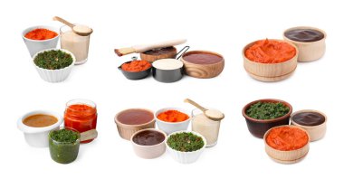 Farklı salamura sosları beyaz, sette izole edilmiş.