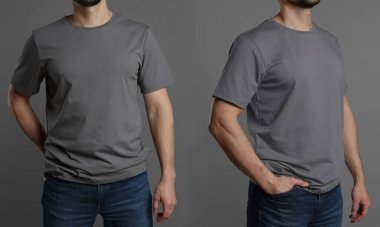 Gri tişörtlü adam, yakın plan. Gri arkaplanda fotoğraf kolajı. Tasarım için model