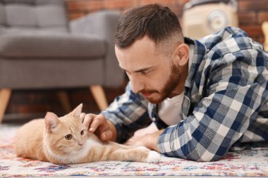 Evdeki sevimli kızıl kediyi okşayan adam.