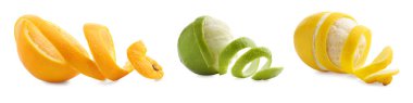 Limon, portakal ve limon kabuğu beyaza izole edilmiş, set. Citrus meyvesi.