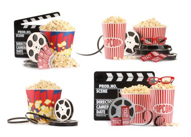 Popcorn, cinema tickets, clappers, glasses and film reels on white background, collage. Movie watching clipart