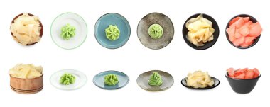 Wasabi ve turşulu zencefil beyaza izole edilmiş, kolaj. Üst ve yan görünümler