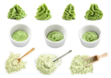 Wasabi beyaz kolaj üzerine izole edilmiş. Yapıştır ve kurut