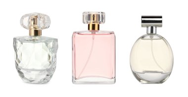 Beyaz ve sette izole edilmiş çeşitli parfüm şişeleri.