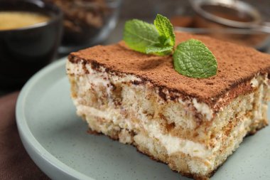 Bir parça lezzetli tiramisu. Masada taze nane var. Yakın plan.