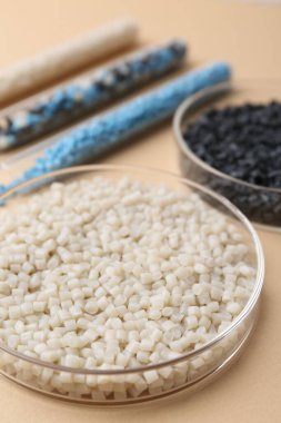 Petri kabında renkli plastik granüller ve bej arka planda test tüpleri, yakın plan.
