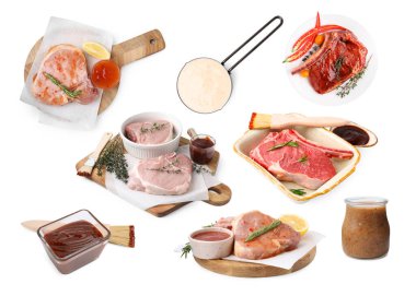 Salamura sosları ve beyaz arka planda marine edilmiş farklı et türleri, kolaj.