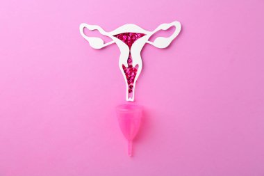 Pullu kağıt uterus ve menekşe arkaplan üzerinde regl bardağı, üst görünüm
