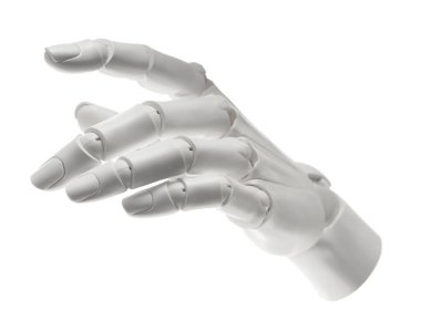 Yapay zeka. Beyaz arka planda hareket eden robot el.