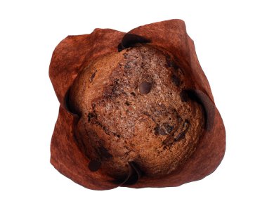 Delicious sweet muffin with chocolate chips isolated on white, top view clipart