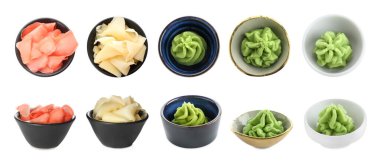 Wasabi ve turşulu zencefil beyaza izole edilmiş, kolaj. Üst ve yan görünümler