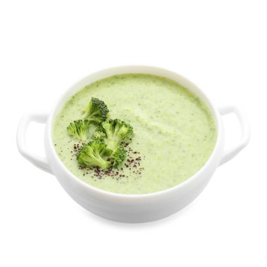 Beyaz tenceredeki enfes brokoli kremalı çorba.