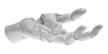Yapay zeka. Beyaz arka planda hareket eden robot el.