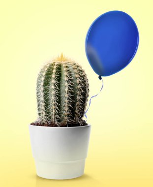 Sarı arka planda dikenli kaktüs ve mavi balon