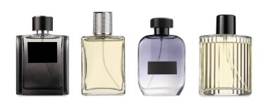 Beyaz ve sette izole edilmiş çeşitli parfüm şişeleri.