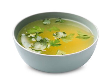 Lezzetli tavuk buğulama kabı beyazda izole edilmiş.