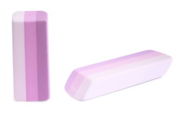 Silgi beyaza izole edilmiş, kolaj. Farklı taraflar