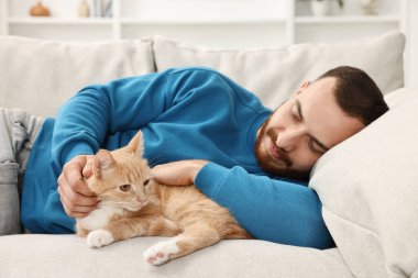 Evdeki kanepede zencefilli kediyi okşayan adam.