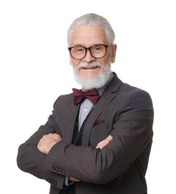 Beyaz arka planda zarif sakallı beyefendinin portresi.