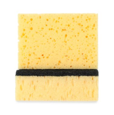 Beyaza izole edilmiş iki sarı sünger. Temizlik arzı