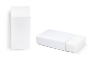 Silgi beyaza izole edilmiş, kolaj. Farklı taraflar