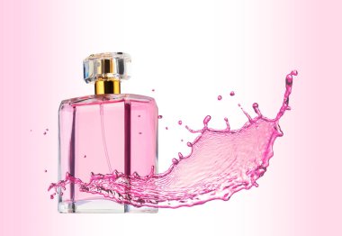 Bir şişe parfüm ve pembe arkaplanda sıçrama.
