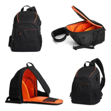 Siyah sırt çantası beyaza izole edilmiş, kolaj. Farklı taraflar