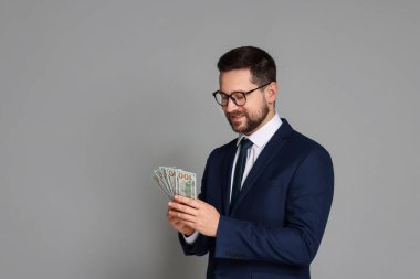 Gri arkaplanda dolar banknotları olan bankacının portresi, metin için boşluk