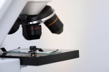 - Bilim. Açık gri arkaplanda cam kaydıraklı mikroskop, yakın plan