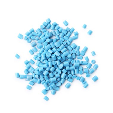 Pile of light blue plastic granules isolated on white, top view clipart