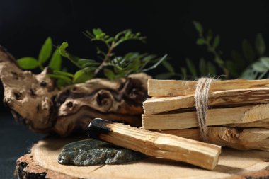 Palo santo çubukları, yanmış bir tane, değerli taş, kapan ve yeşil dal masanın üzerinde, yakın plan.