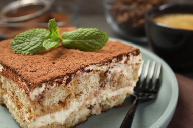 Bir parça lezzetli tiramisu. Masada taze nane var. Yakın plan.