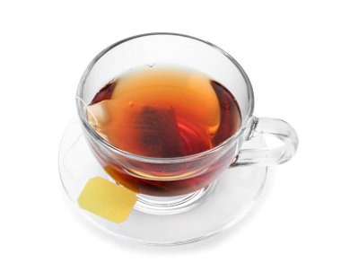 Beyaza izole edilmiş çay poşeti. Aromatik çay demliyorum.