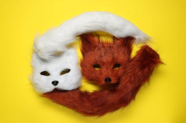 Quadrobics. Fox and cat masks with tails on yellow background, top view clipart