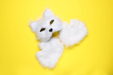 Quadrobics. Cat mask and gloves on yellow background, top view clipart