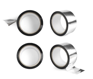 Gümüş yapıştırıcı bant, hazır. Yuvarlaklar beyaz üzerine izole