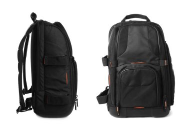 Siyah sırt çantası beyaza izole edilmiş, kolaj. Farklı taraflar