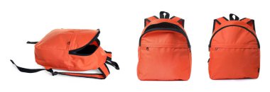 Turuncu sırt çantası beyaza izole edilmiş, kolaj. Farklı taraflar