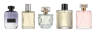 Beyaz ve sette izole edilmiş çeşitli parfüm şişeleri.