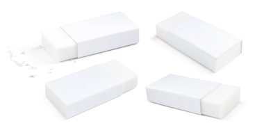 Silgi beyaza izole edilmiş, kolaj. Farklı taraflar