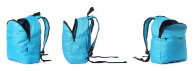 Açık mavi sırt çantası beyaza izole edilmiş, kolaj. Farklı taraflar