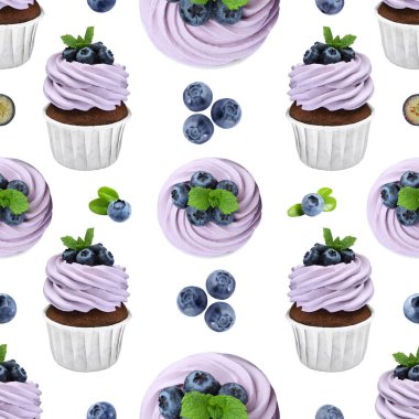 Beyaz arka planda kek ve yaban mersini deseni