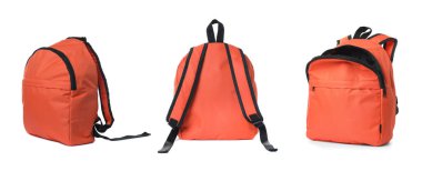 Turuncu sırt çantası beyaza izole edilmiş, kolaj. Farklı taraflar