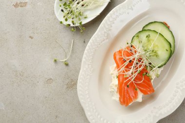 Somon, krem peynir ve salatalıklı nefis bruschetta. Metin için boşluk